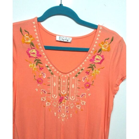 Women's Cupio Top Embroidered Coral Stretch Knit Top Size M/L long Beautiful EUC - Picture 2 of 8
